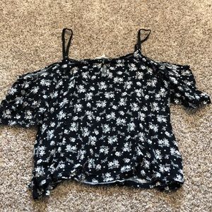 Off the shoulder black and white flowered shirt